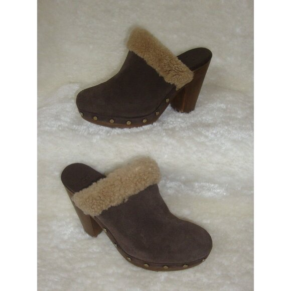 UGG Adele Brown Suede Sheepskin Studded Clogs Heels Mules Shoes Women Size  US 7 - Picture 1 of 12
